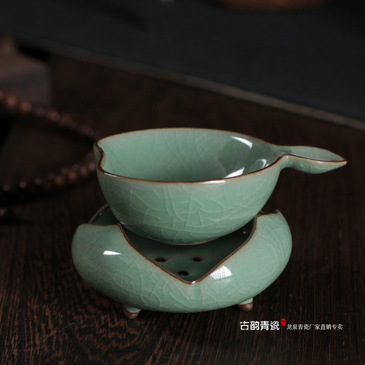 龙泉青瓷茶漏组合 哥窑梅子青莲瓣茶滤 陶瓷功夫茶具零配件过滤器