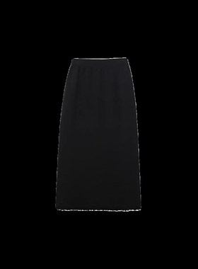 黑色毛呢半身裙女秋冬高腰后开叉直筒中长裙流苏设计感a字包臀裙