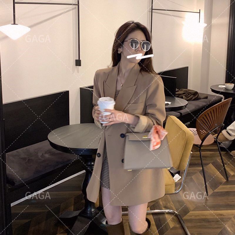 大码女装时尚洋气套装女2025春季新款格子吊带裙+休闲西装两件套