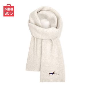 MINISO名创优品2025新款日系刺绣小狗纯色针织围巾女秋冬学生披肩