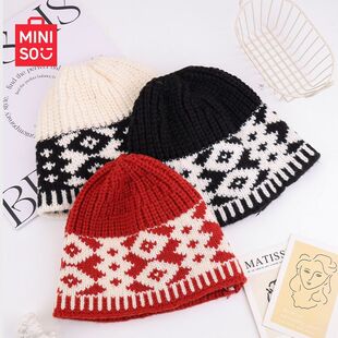 MINISO名创优品冬季保暖包头保暖帽子男女通用针织菱形毛线