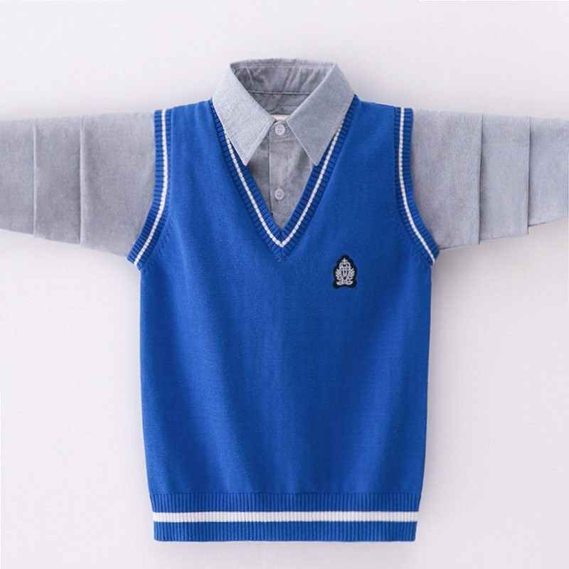 春薄款男童全棉假两件衬衫背心套头毛衣线衫儿童中大童翻领针织衫