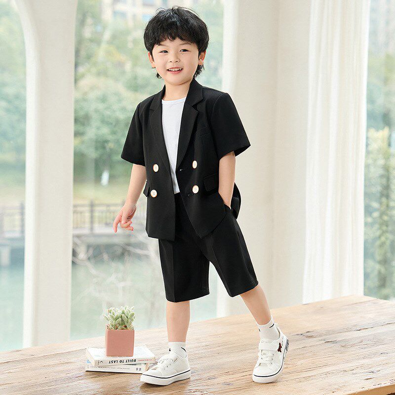 夏季儿童男孩小西装套装走秀宝宝短袖花童礼服英伦男童演出服西服