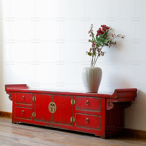 新中式仿古彩漆做旧实木复古电视柜储物柜地柜明清古典客厅家具