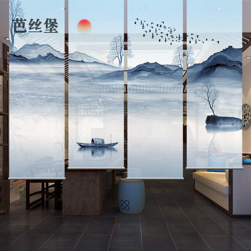 新中式卷帘窗帘升降挂帘子软隔断屏风帘手拉帘办公客厅卧室山水画