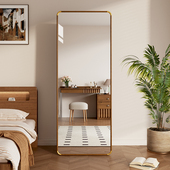 实木铜角全身镜落地镜家用挂墙中古超白玻璃穿衣镜女生卧室试衣镜