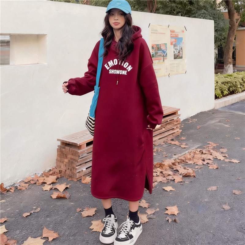 复古港味开叉连帽卫衣裙孕妈新款慵懒风百搭过膝长款可外穿连衣裙