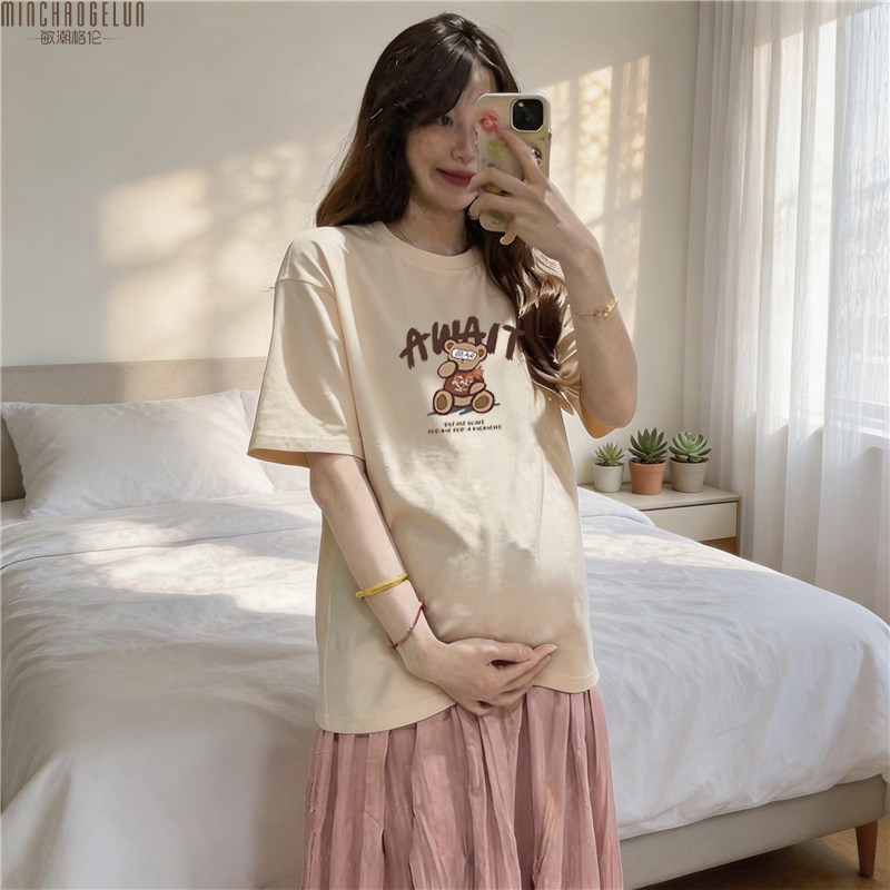 孕妇装韩版卡通小熊印花短袖纯棉T恤夏季新款宽松遮肚不显怀上衣