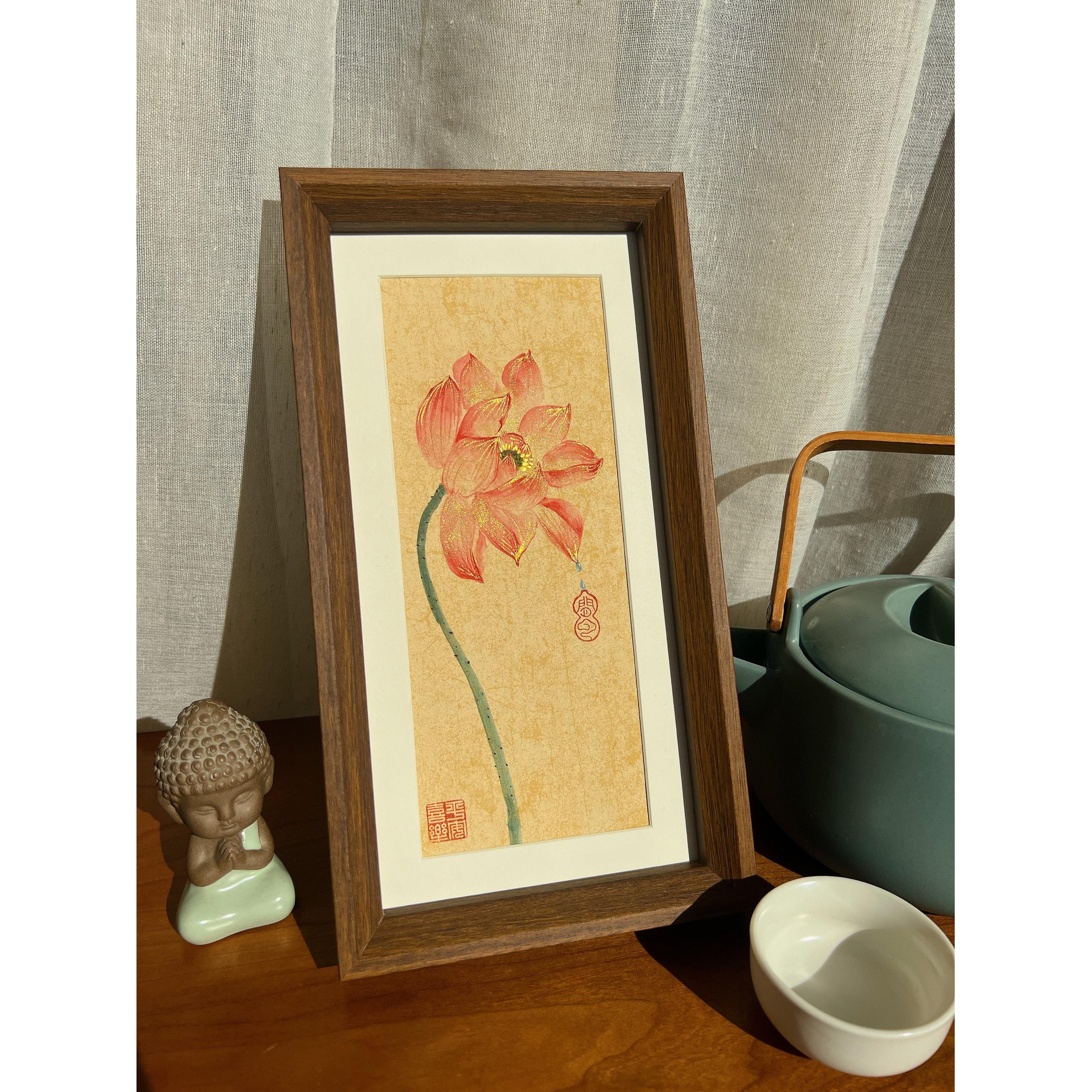 拾花手绘【荷花】国画带框摆台茶室摆件挂画装饰画 中国风家装