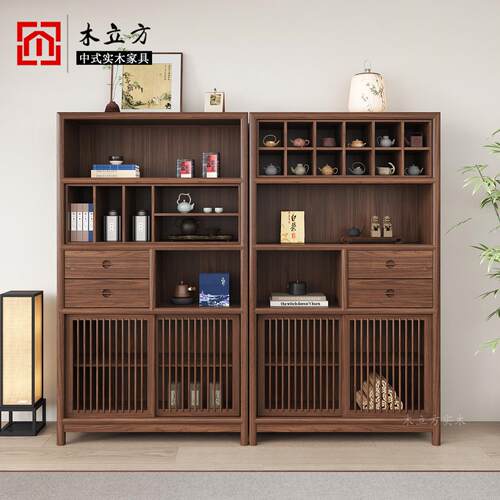宋式美学博古架茶具多宝阁新中式黑胡桃茶室边柜展示柜茶柜置物架