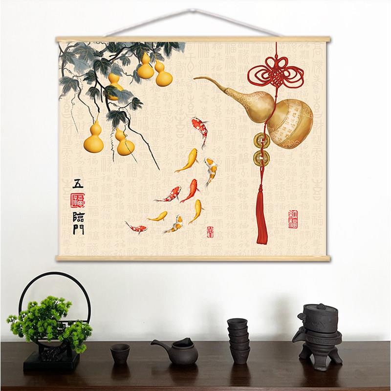 中式国画五福临门挂布客厅装饰入户玄关布艺挂画电表箱遮挡布定制
