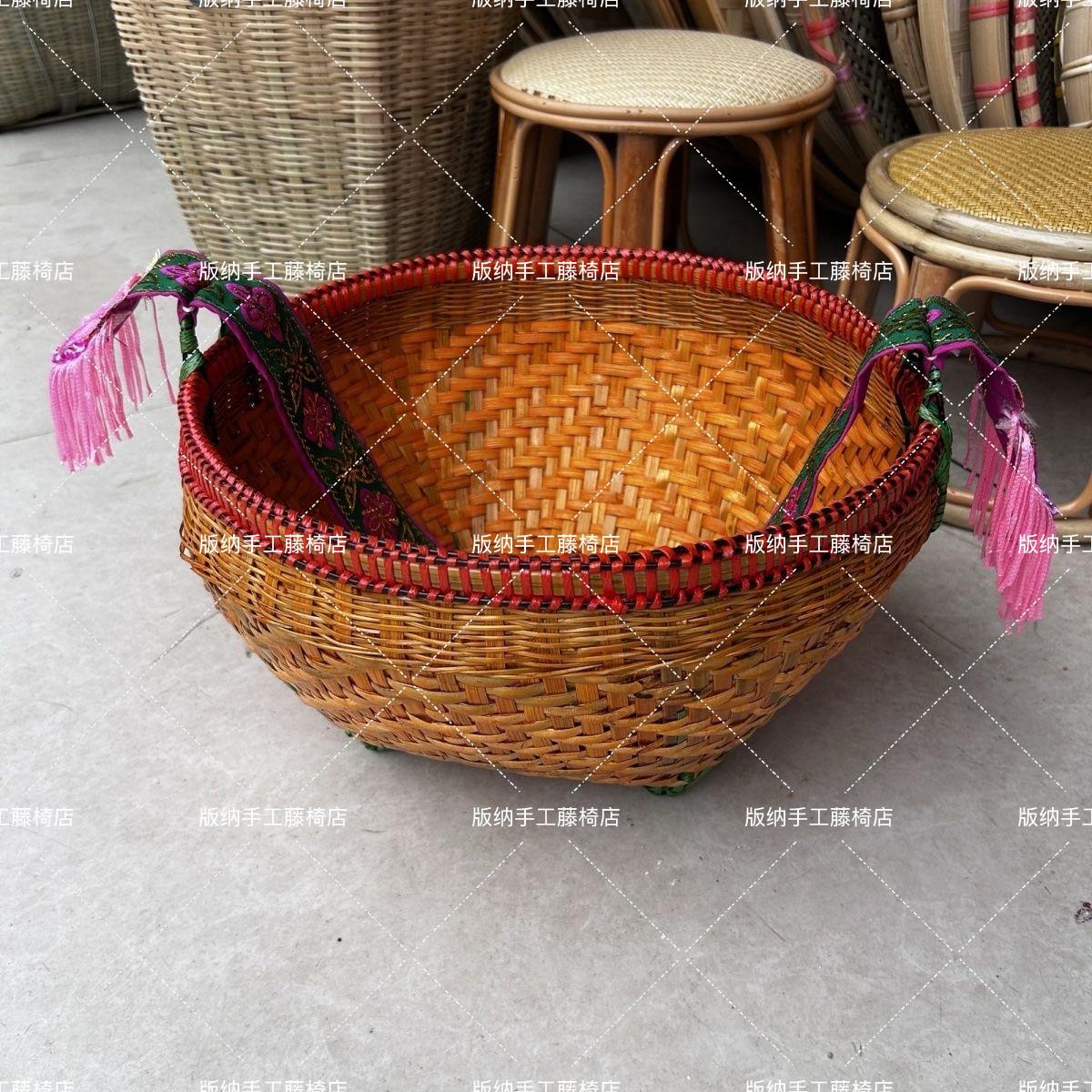 傣族风情手工竹编精美混色圆形收纳箩筐