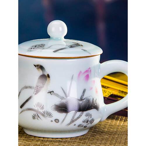 陶瓷杯茶杯水杯杯子带盖景德镇办公杯骨瓷茶具山水中式仿古复古