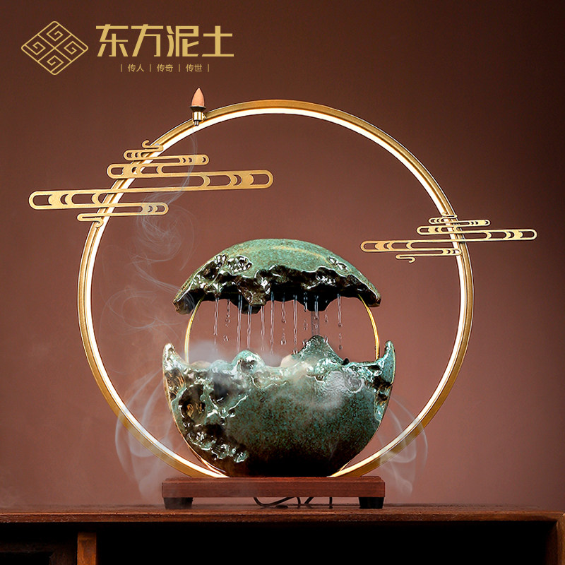 东方泥土陶瓷新观山月流水器摆件办公室家居客厅雾化加湿器装饰品