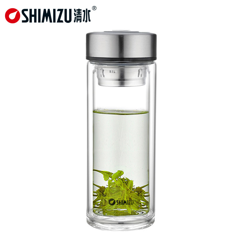 清水玻璃杯双层带盖透明水杯茶杯水晶杯子8021-032