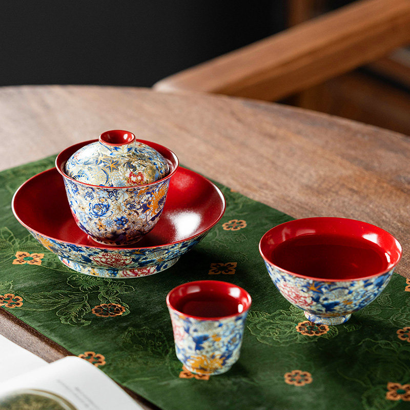 衡山社珐琅彩宫廷红三才盖碗茶杯套装办公家用高档高端功夫茶具,餐饮具,盖碗,淘宝优惠券,粉丝福利购,淘宝优惠卷