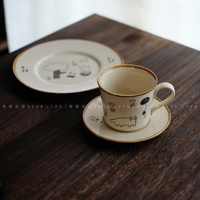 复古手绘陶瓷咖啡杯早餐盘 家用米饭碗大汤碗菜盘 中古风餐具,餐饮具,盘,淘宝优惠券,粉丝福利购,淘宝优惠卷