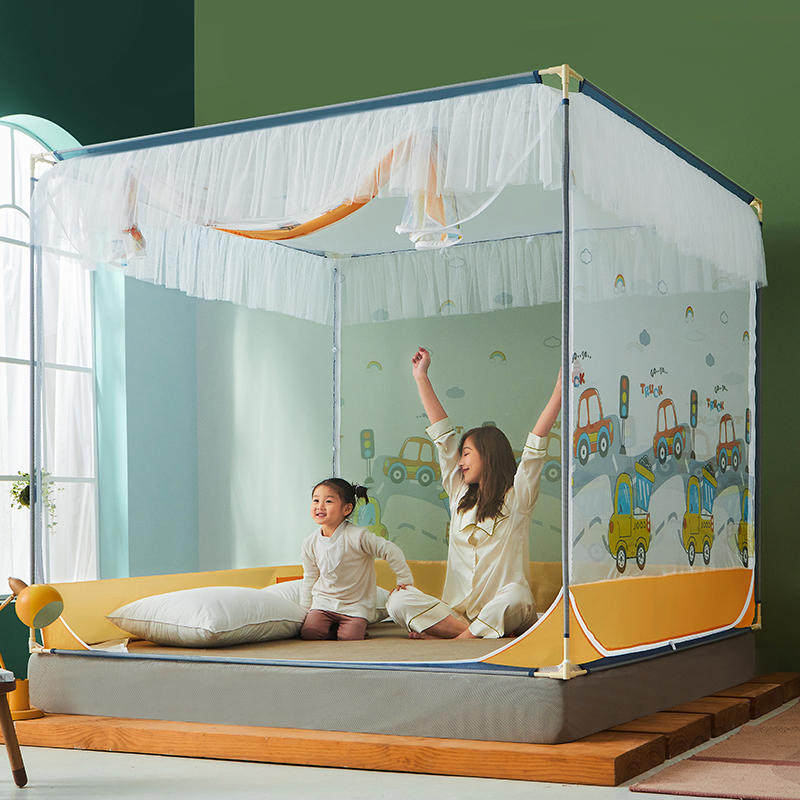 床笠款蚊帐公主风蒙古包全封闭儿童防摔三开门卡通拉链防尘顶方帐