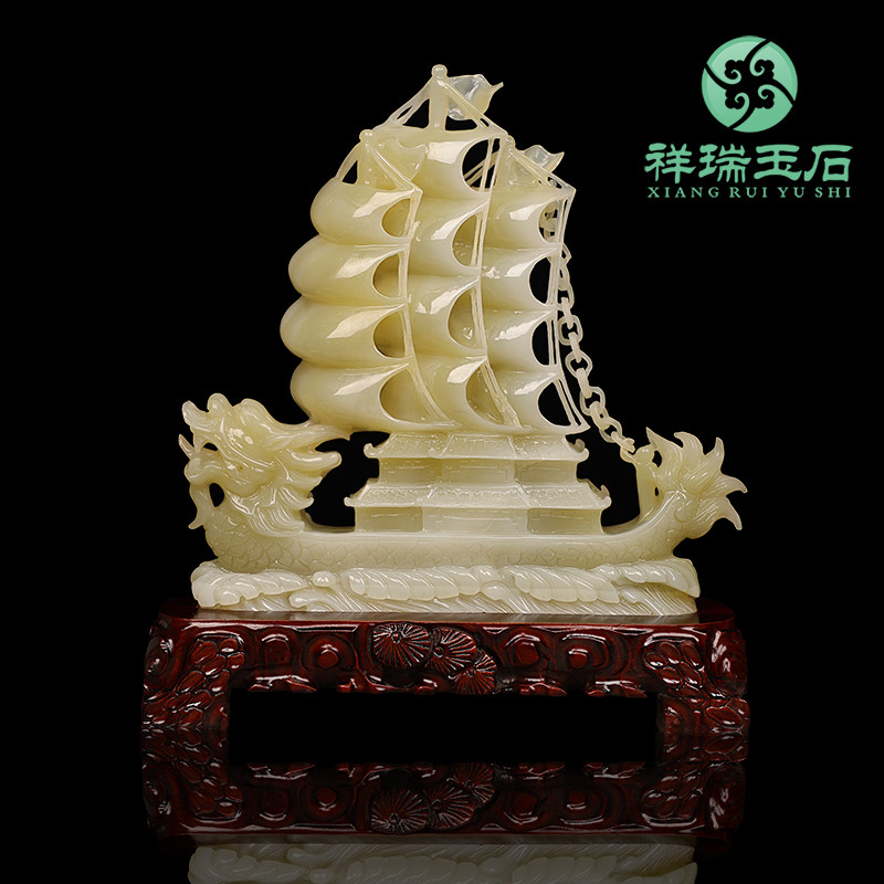 天然玉石一帆风顺帆船摆件客厅玄关酒柜办公室招财龙船装饰工艺品