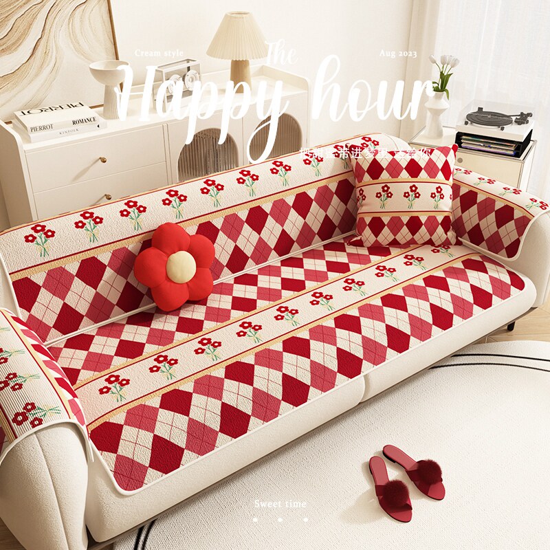 红色沙发垫四季通用防滑垫结婚喜庆夏天冰丝沙发盖布雪尼尔坐垫