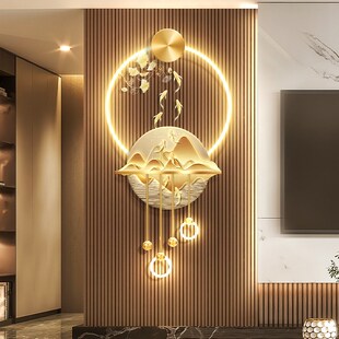 九鱼图客厅格栅装饰挂件山水电视背景墙壁画灯金色银杏叶玄关挂画