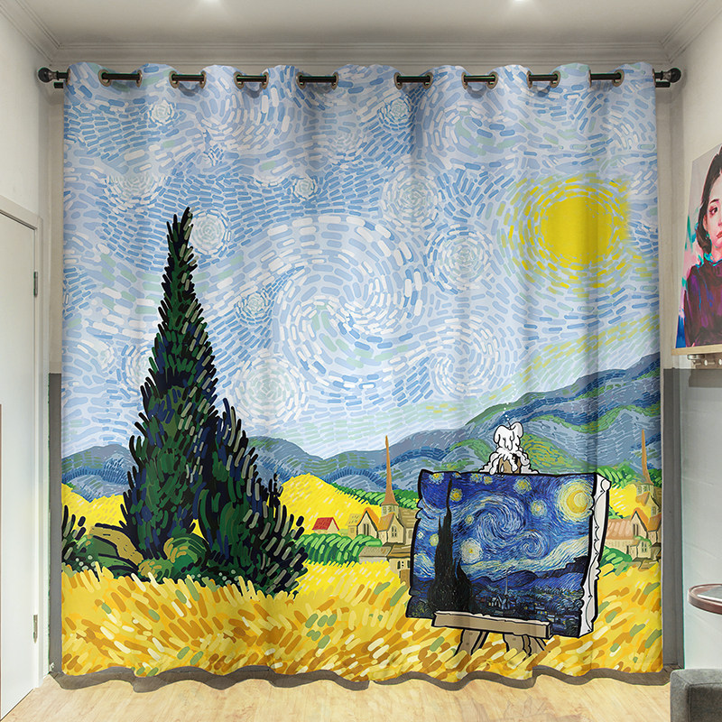 梵高卡通名画挂钩新款窗帘布卧室文艺全遮光教师房寝室隔断隔温帘,居家布艺,成品窗帘,淘宝优惠券,粉丝福利购,淘宝优惠卷