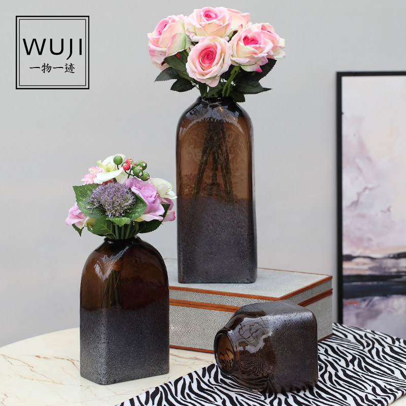 复古怀旧 纯手工刻磨咖啡色棕色吹制玻璃花瓶桌面花器客厅摆件