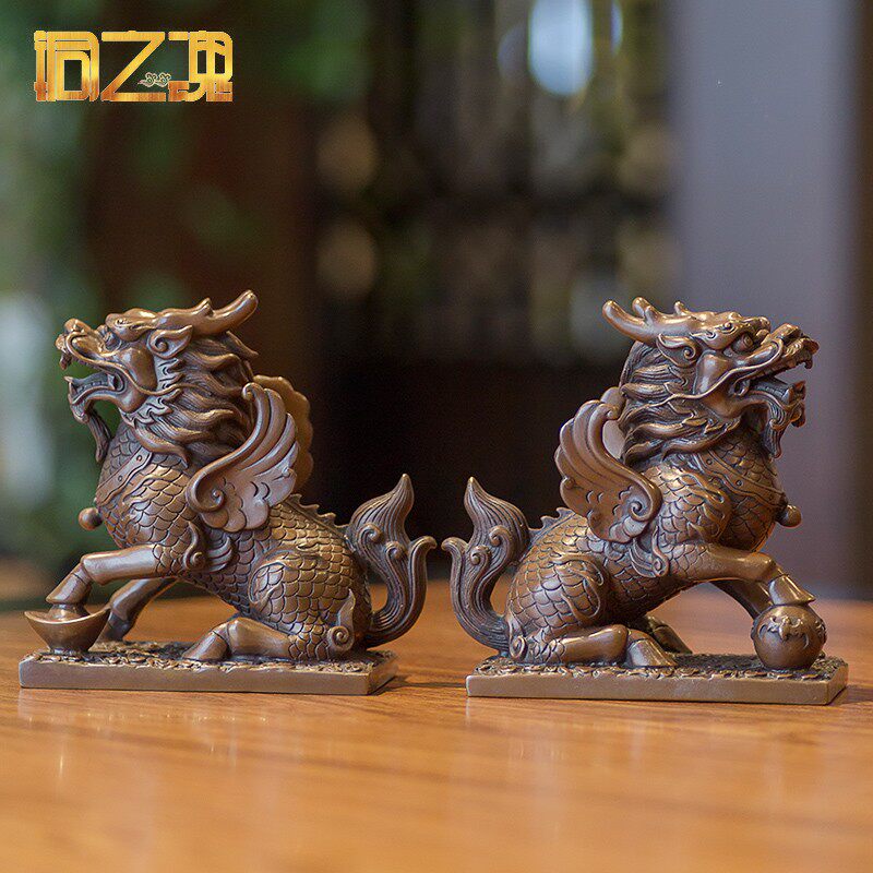 铜之魂紫铜财富麒麟一对办公室高档摆件开业乔迁礼品客厅酒柜装饰