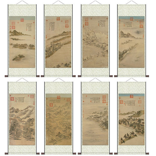 仿古山水画丝绸卷轴画西湖十景玄关挂画定制书房壁画丝绸礼品名家