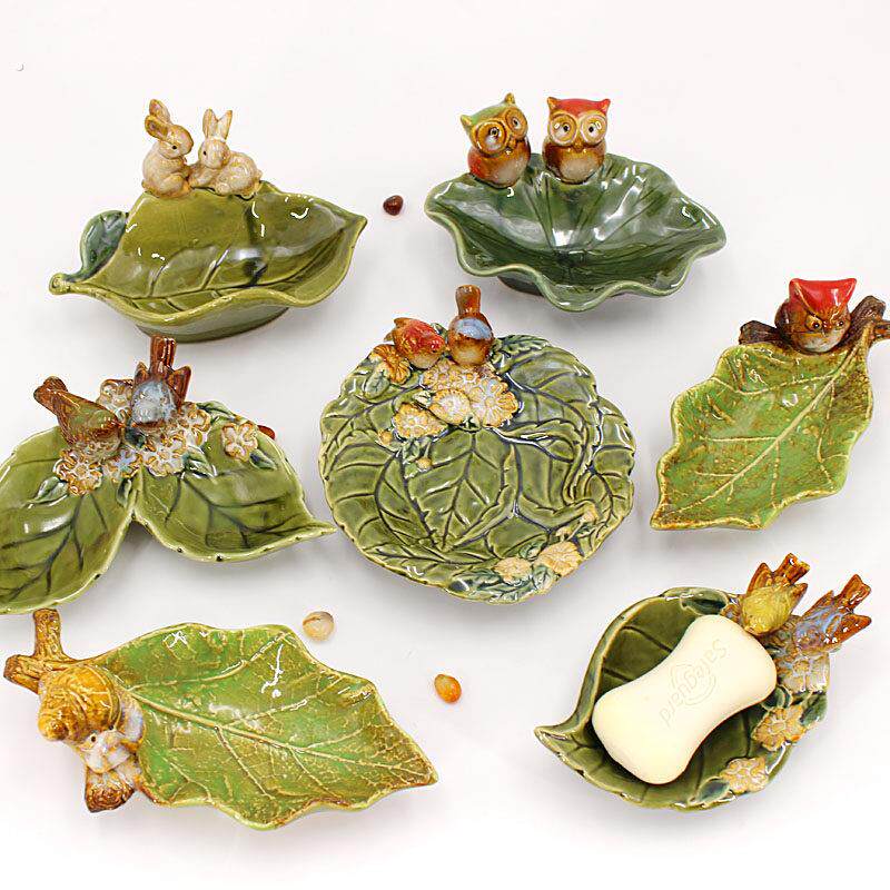 新品田园创意陶瓷香皂盒沥水欧式卫生间酒店皂碟玄关钥匙收纳摆件