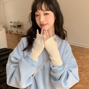 半指毛线手套女护手腕加厚保暖露指触屏针织学生写字袖套护腕