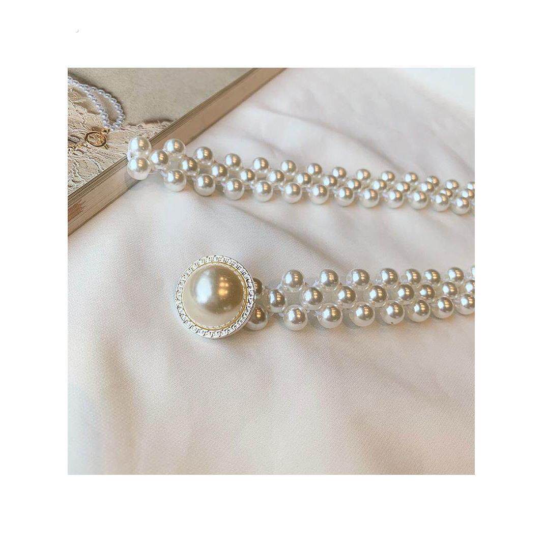 白色珍珠腰炼女士弹力收腰装饰炼条配连衣裙子腰带松紧皮带女百搭