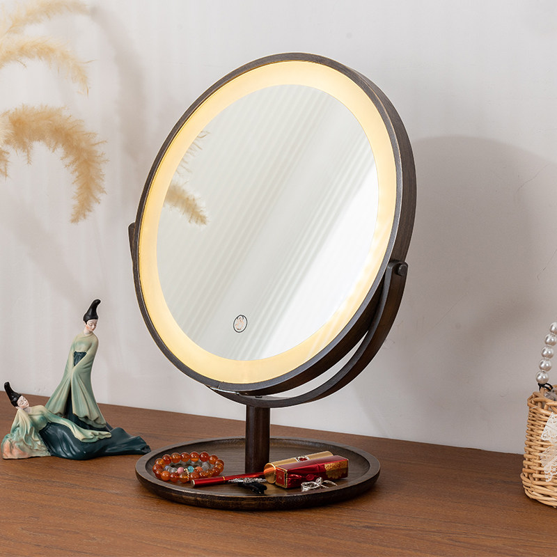 复古化妆镜led带灯家用桌面非木质卧室台式梳妆镜学生宿舍镜子