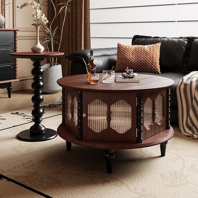 即爱法式复古实木茶几小户型中古风客厅家用电视柜组合圆形茶桌