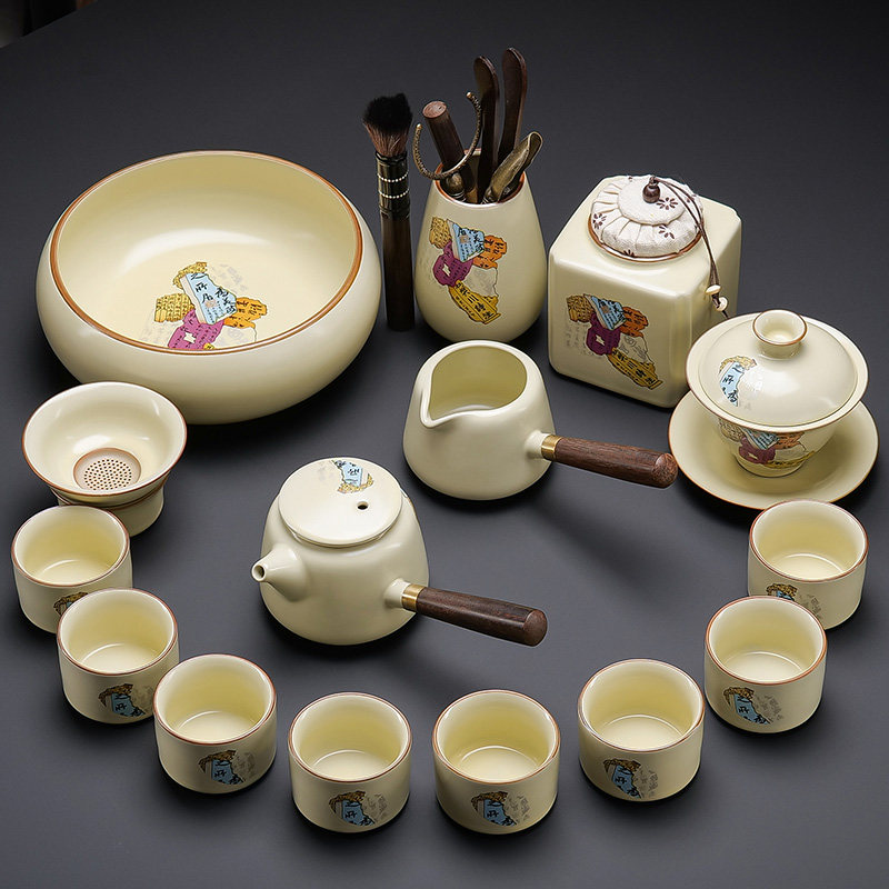 米黄汝窑功夫茶具套装陶瓷八破图茶壶茶杯整套茶器待客泡茶送礼装,餐饮具,功夫茶具,淘宝优惠券,粉丝福利购,淘宝优惠卷