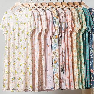 棉绸睡裙女夏季薄款短袖睡衣甜美宽松人造棉大尺码洋装春秋家居服