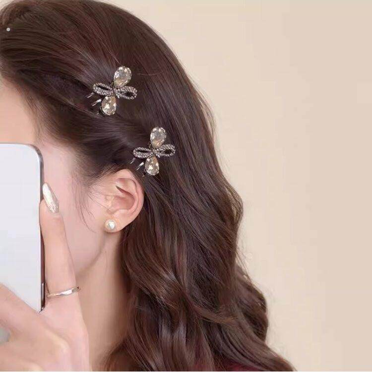 蝴蝶结水钻发夹侧边碎发发卡小号抓夹盘发器刘海夹子头饰
