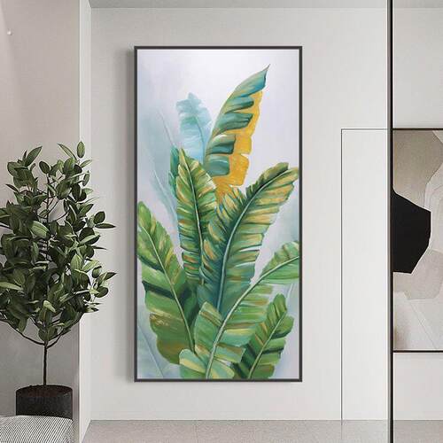 入户玄关装饰画竖版过道走廊挂画大叶有成绿植植物晶瓷镶钻玄关画