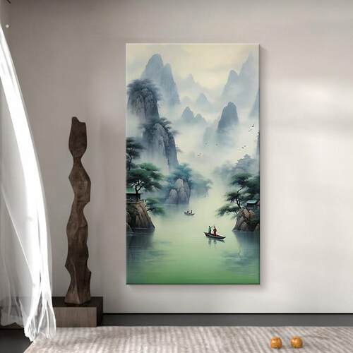 纯手绘油画祇此青绿装饰画客厅书房新中式山水风景肌理画玄关挂画
