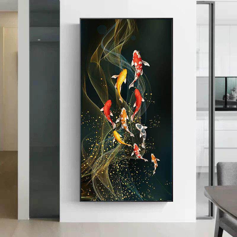 九鱼图入户玄关装饰画新中式招财鳟鱼荷花年年有鱼墙壁画鲤鱼挂画