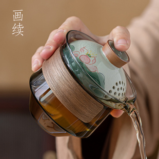 手绘荷花玻璃盖碗茶杯大号不烫手功夫茶具泡茶壶手抓壶单个高档