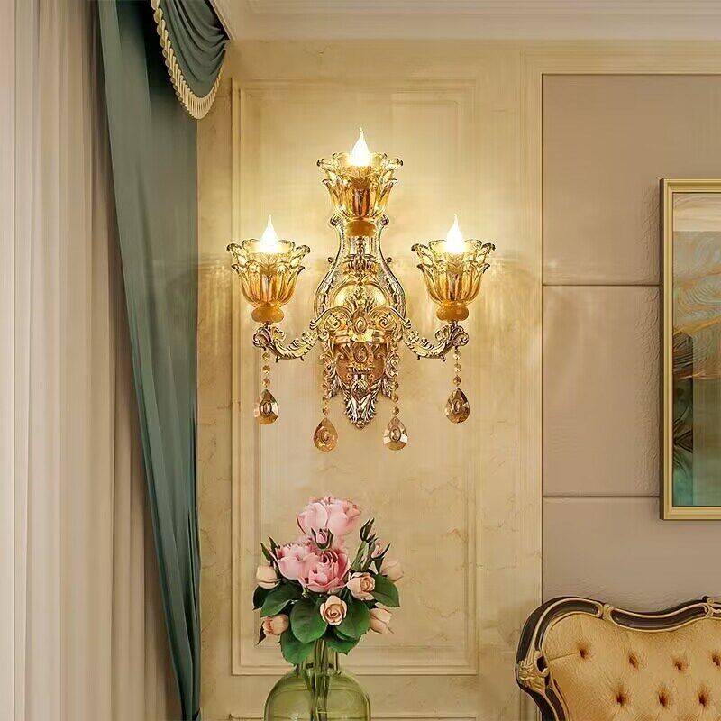 壁灯床头灯电视背景墙卧室楼梯间过道走廊墙三头充电欧式玉石灯具