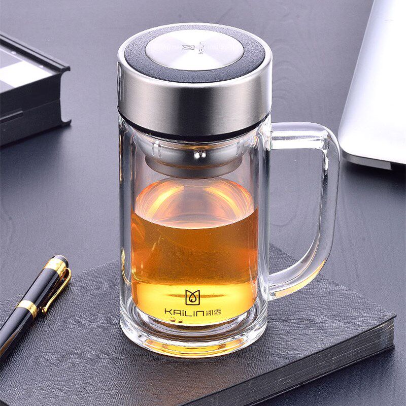 凯霖清澈双层办公玻璃杯加厚耐热商务泡茶杯便携水晶大容量水杯