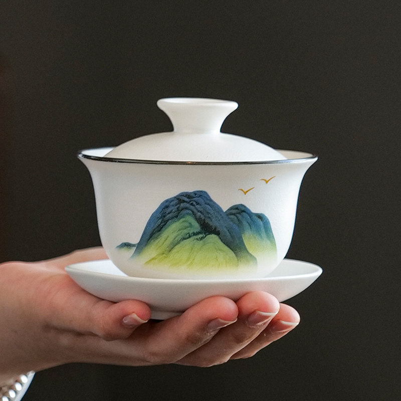 国潮山水陶瓷三才盖碗茶杯家用不烫手功夫茶具单个高档泡茶碗定制,餐饮具,盖碗,淘宝优惠券,粉丝福利购,淘宝优惠卷
