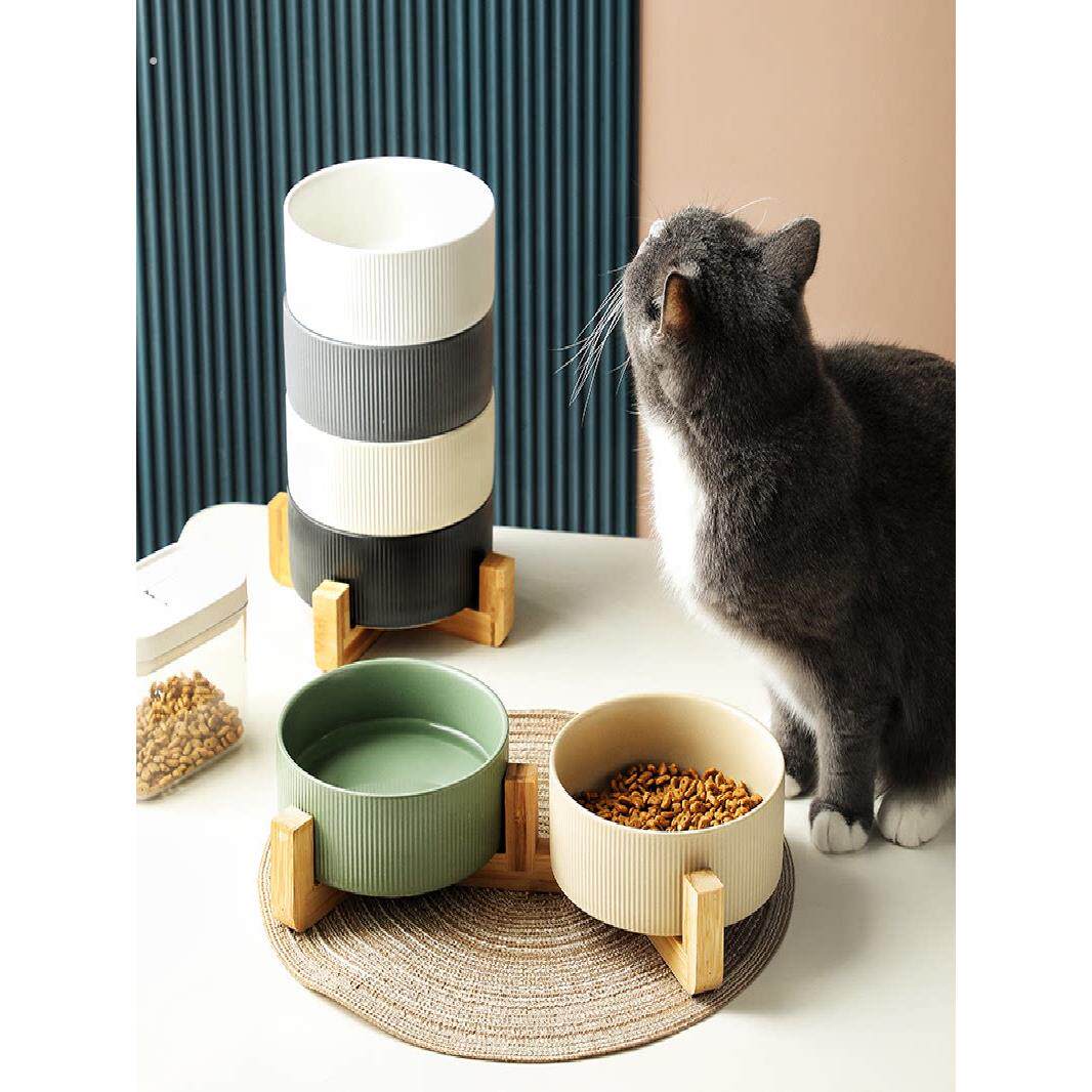黑色陶瓷猫咪狗狗水碗宠物碗一体易清洁木架双碗猫食盆防打翻喝水