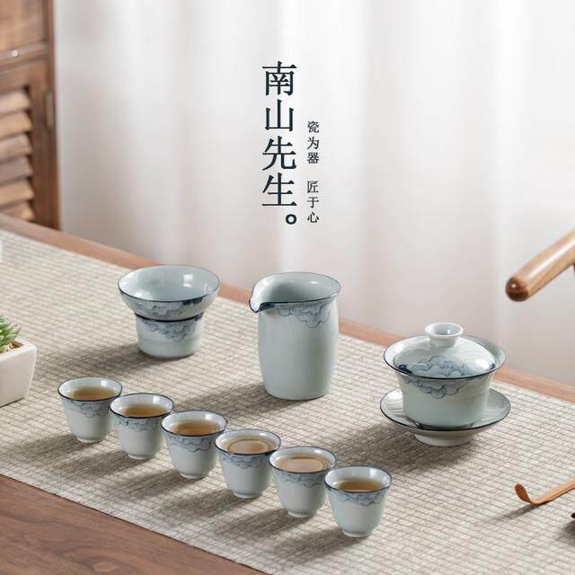 南山先生 手绘芙蓉九件套 仿古手绘套装 家用茶具三才盖碗套装