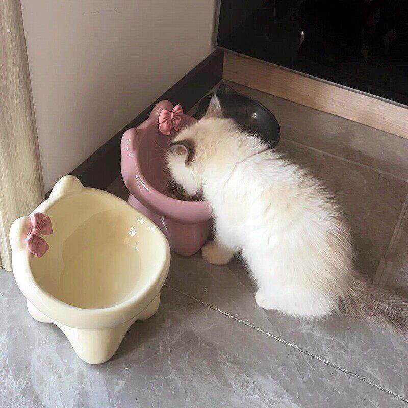 蝴蝶结陶瓷猫咪碗增高架防黑下巴猫食盆大口径防外溅慢食碗狗狗碗