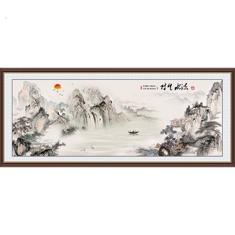 新中式国画流水生财十字绣2022新款线绣客厅大幅自己绣手工风景画