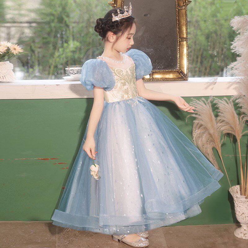 女童公主裙蓝色儿童生日长款高端花童礼服小主持人钢琴演出服夏季