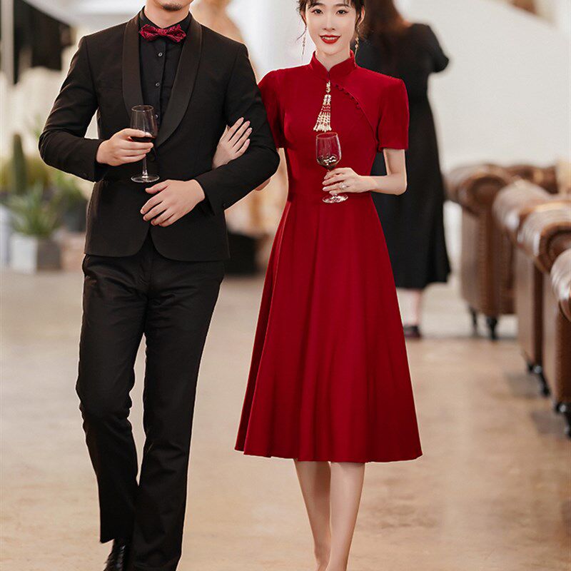 旗袍敬酒服女新娘夏季订婚连衣裙结婚礼服小个子红色中式回门便装